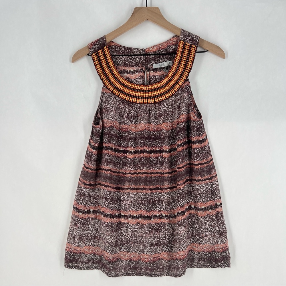 Dalia Printed Chiffon Beaded Scoop‎ Neck Sleeveless Top Size M